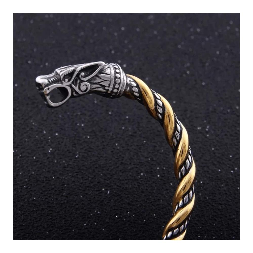 Edelstahl Armband QZY Nordisches Wikinger-Armband mit Zweifarben-Perlen Wolfkopf Spirale Torc Manschette - Männliches Retro-Armreif-Schmuckstück