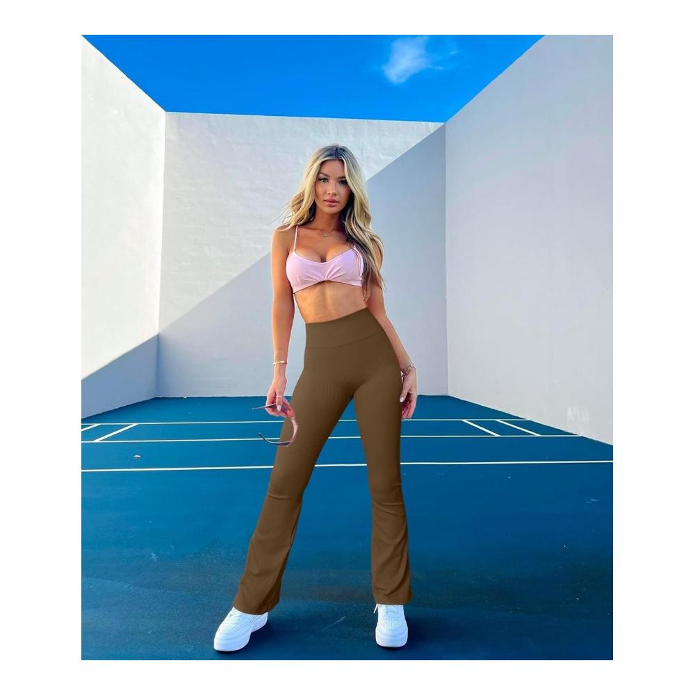 Nahtloses Ribbed 2-teiliges Yoga Leggings Set für Damen - Hochtaillierte Flare Workout Pants Ideal für HIIT Squats Yoga und Mehr (Schwarz Kaffee Größe L