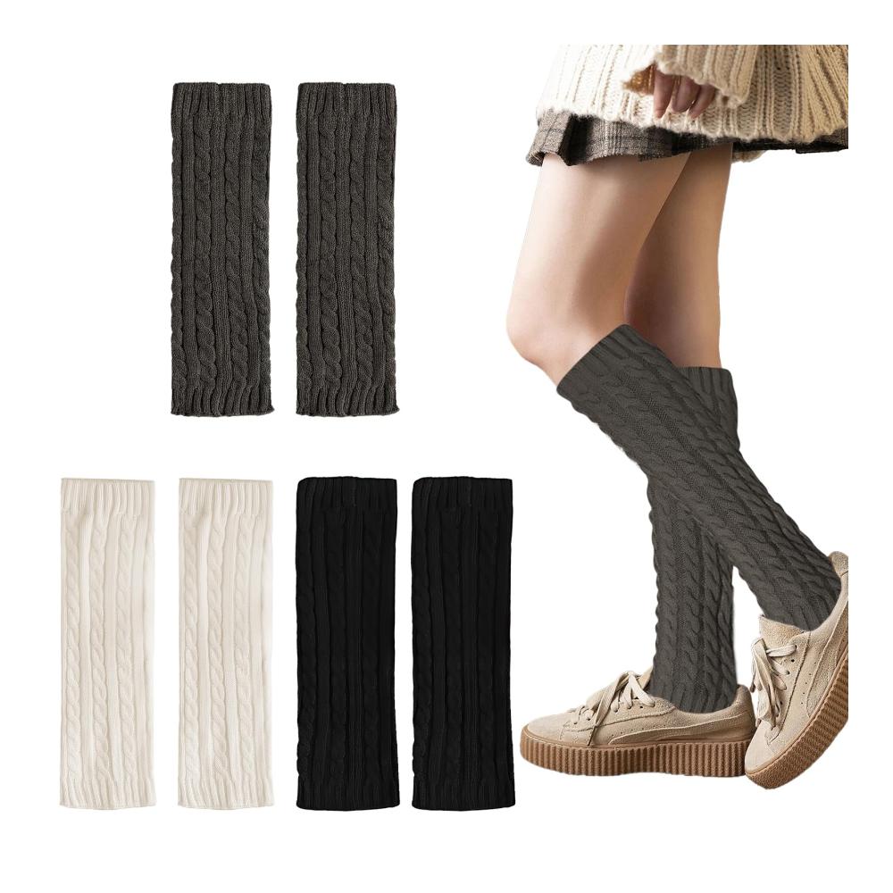 Legwarmers Set - 3 Paar Damen Stulpen in Schwarz Weiß und Grau 45cm Strick Winter Beinstulpen für Frauen Geeignet für alle Beintypen