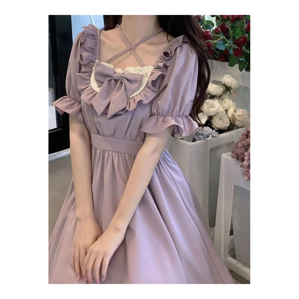 Pareos & Strandkleider Japanische Süße Lolita Kleider mit Rüschen Puffärmeln und Halfter für Damen - Kawaii Stil Kurze Kleider
