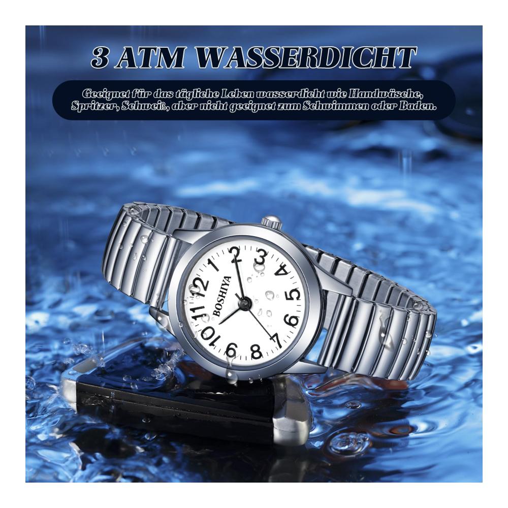 Damen Armbanduhr 23mm Edelstahl Elegant - Analog Quarz Uhr mit Großem Digital Zifferblatt Elastischem Armband - Gold/Silber Design