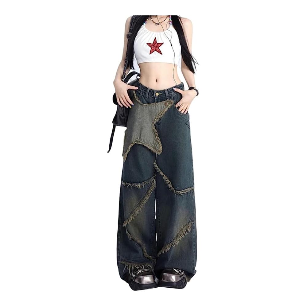 Y2k Vintage Star Straight Wide Leg Jeans | High Waist Baggy Denim Pants