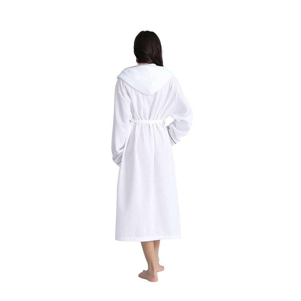 Bademantel Damen – Leichter Lang Morgenmantel mit Kapuze Waffelstruktur Saunamantel Unisex Kimono Robe