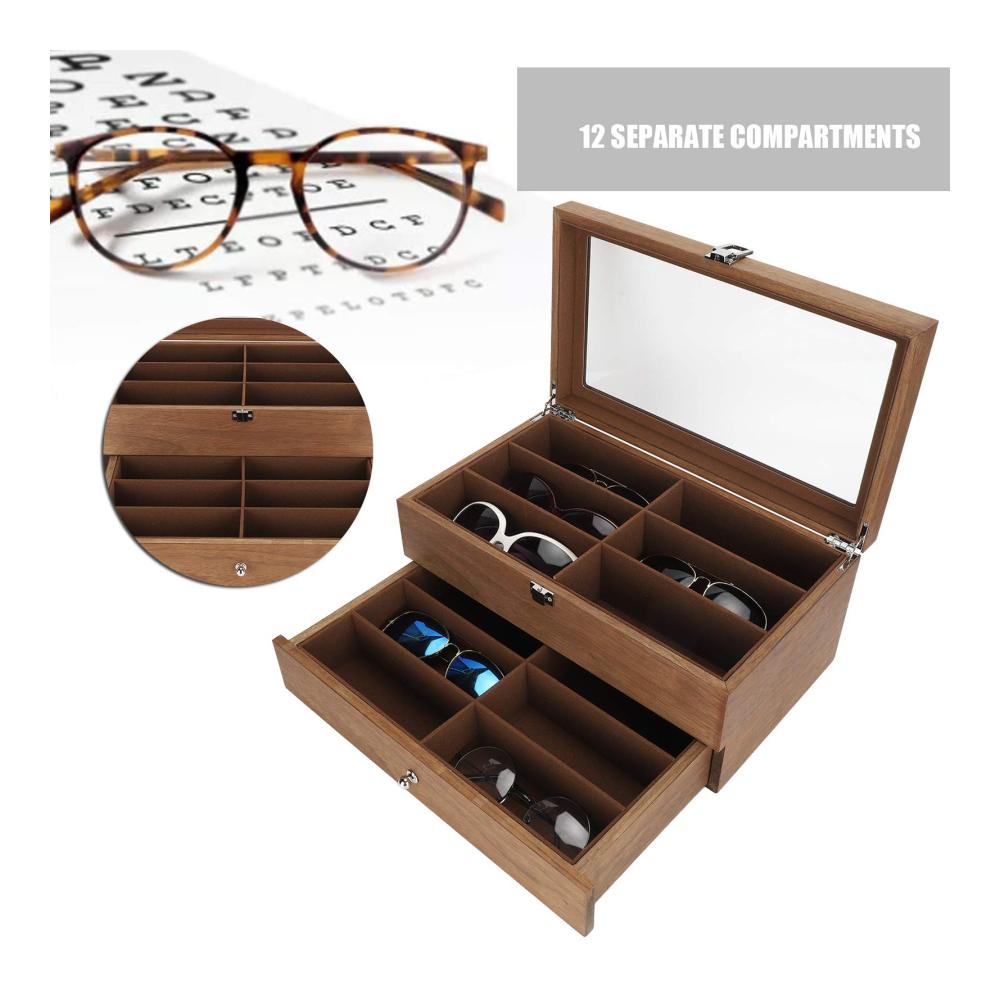 12-Fächer Holz Brillenetui für Damen und Herren - Sonnenbrillen Organizer und Display-Box - Doppellagige Aufbewahrungsbox als perfektes Weihnachtsgeschenk