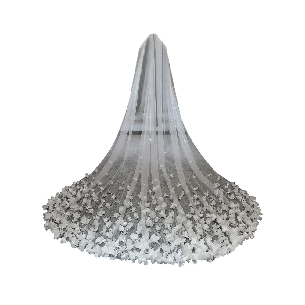 3D-Blumen Brautschleier - Weißer Luxus Hochzeitsschleier mit Blumenspitze Kamm und Kathedralenlänge für die Braut - NEU und elegant