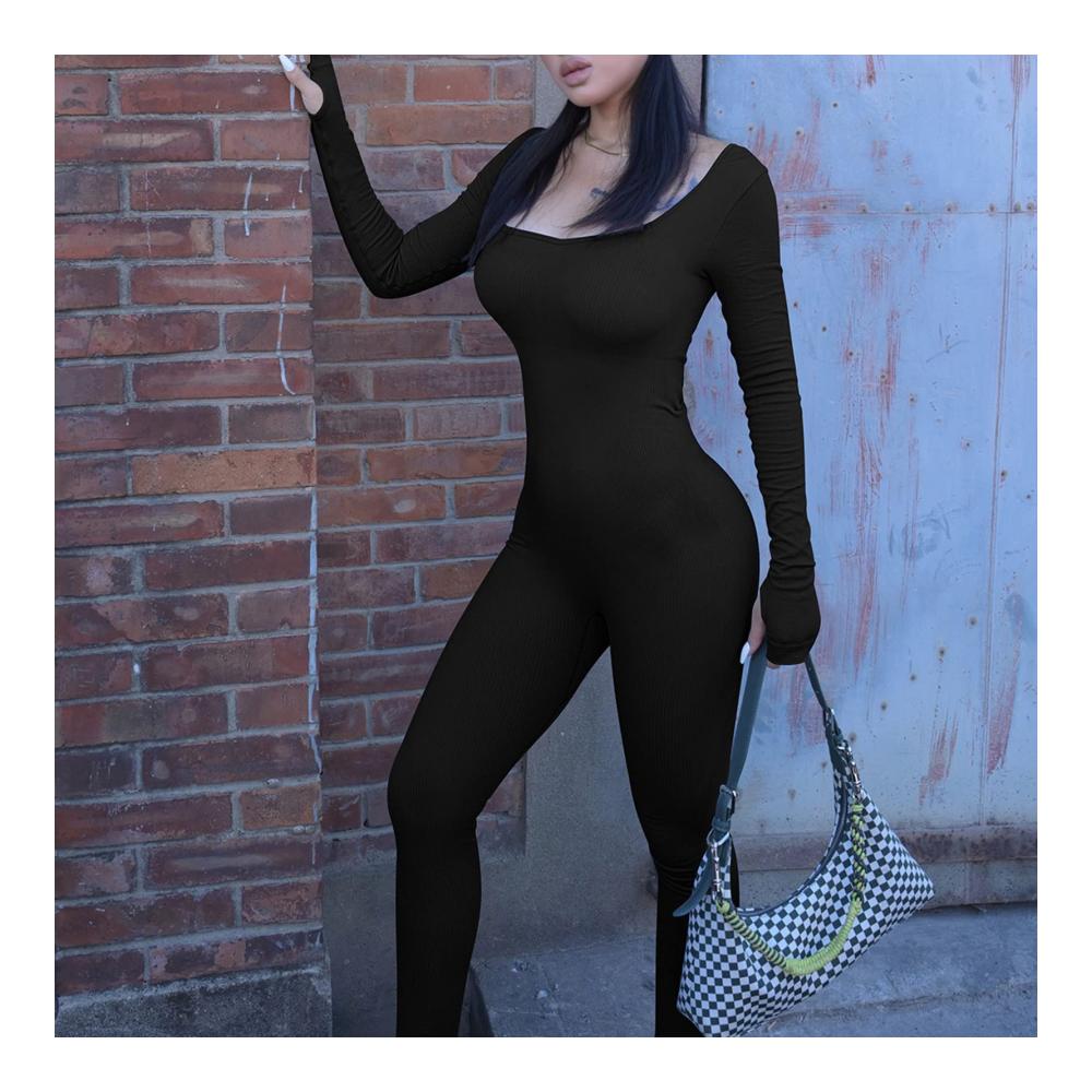 Nahtloser Damen Jumpsuit Sexy Strick Overall mit geripptem Design Stretch Langarm Bodycon Strampler - Perfekt für Drinnen und Draußen Sport & Training