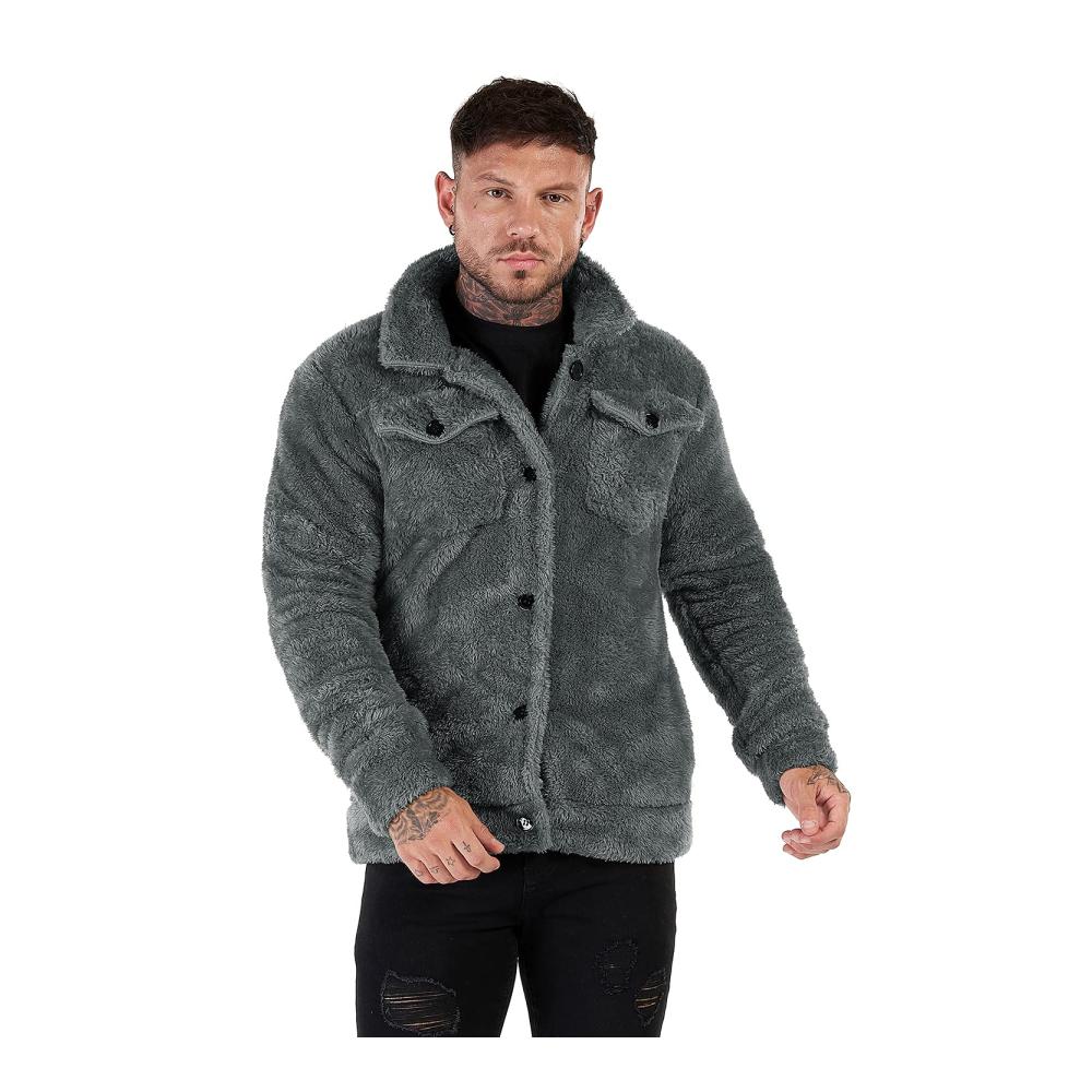 Sherpa Herrenjacke - Winterwarm Fuzzy Plüschmantel mit Knopftaschen