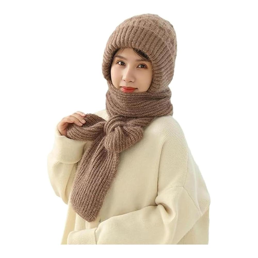 Kapuzenschal Set für Damen Verdickter Winter-Schal Mütze & Handschuhe - Winddicht & Warm in Khaki Einheitsgröße