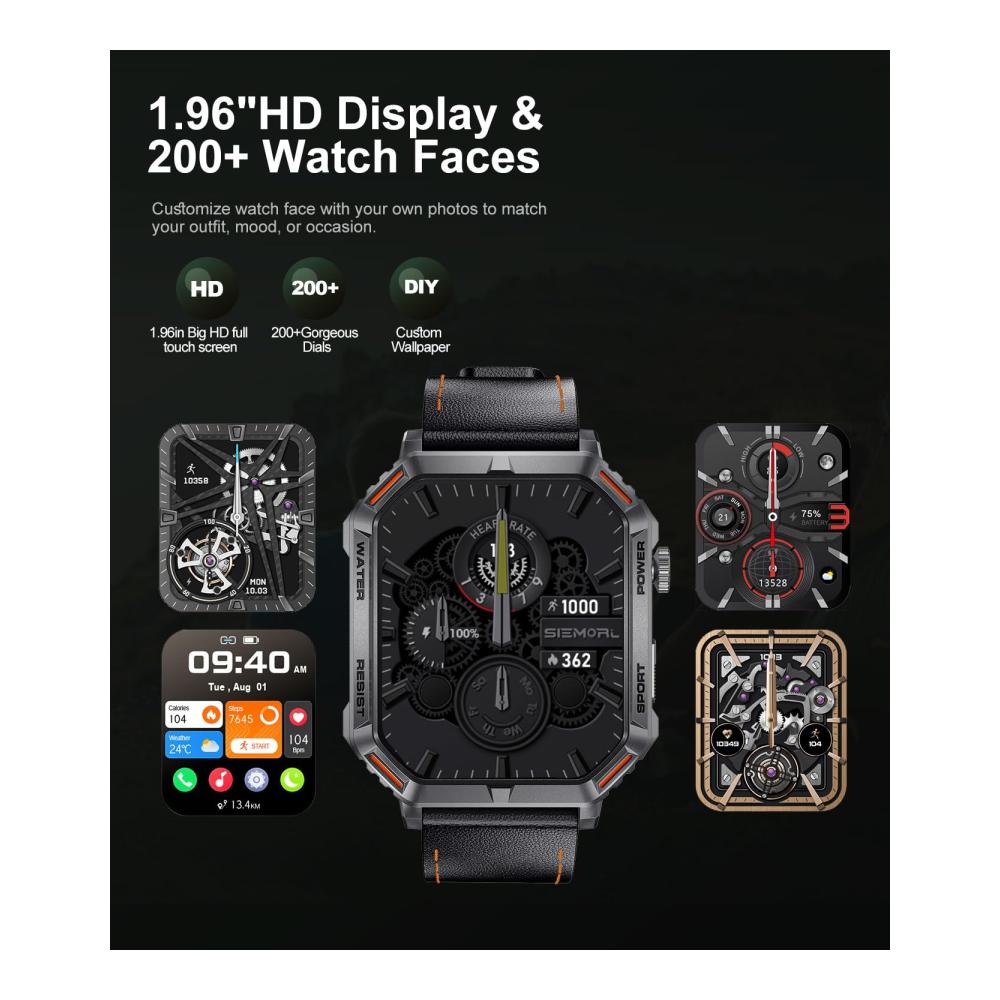 Fashion Smartwatch mit Telefonfunktion Militär Metallband Herzfrequenz- & Schlaftracker 123 Sportmodi Fitness Tracker 1.96 Full Touch wasserdichte Sportuhr für Android iOS - Schwarz