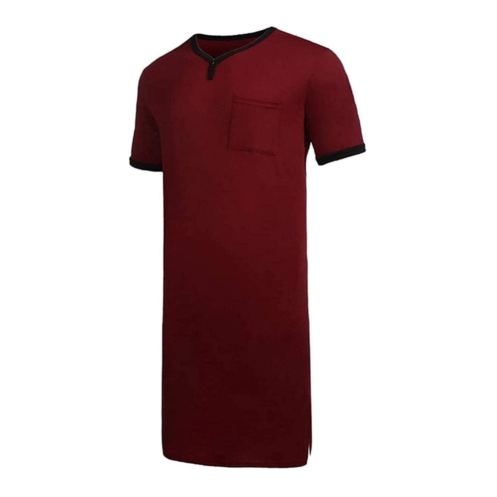 Herren Schlafanzug KANGNING Baumwoll Sleep Shirt Kurzarm V-Ausschnitt Bequemes Nachthemd in Blau - Größe XL