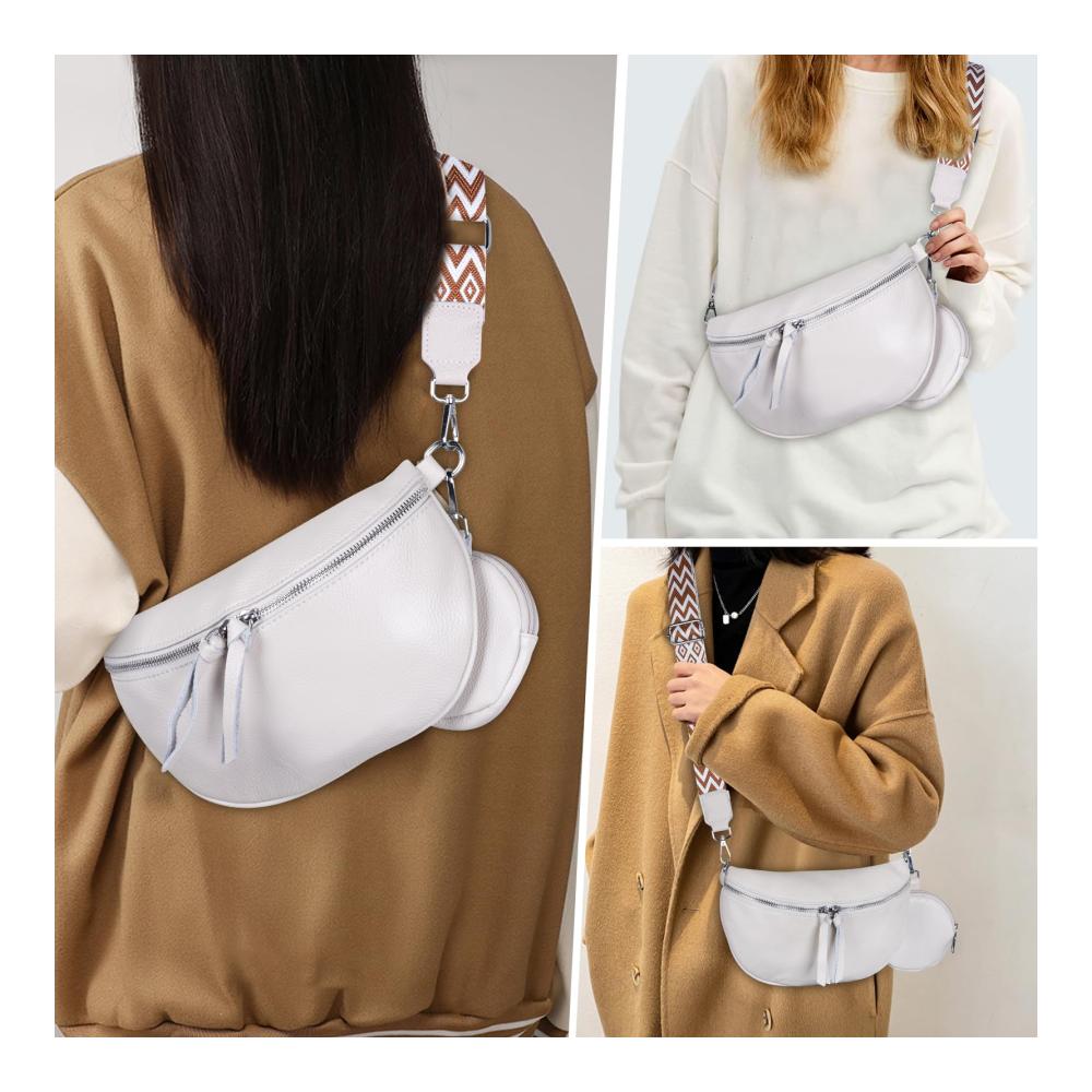 Stilvolle Damen Leder Hüfttasche mit Geldbörse - Verstellbarer Schultergurt Crossbody Design - Weiße Gürteltasche für Frauen