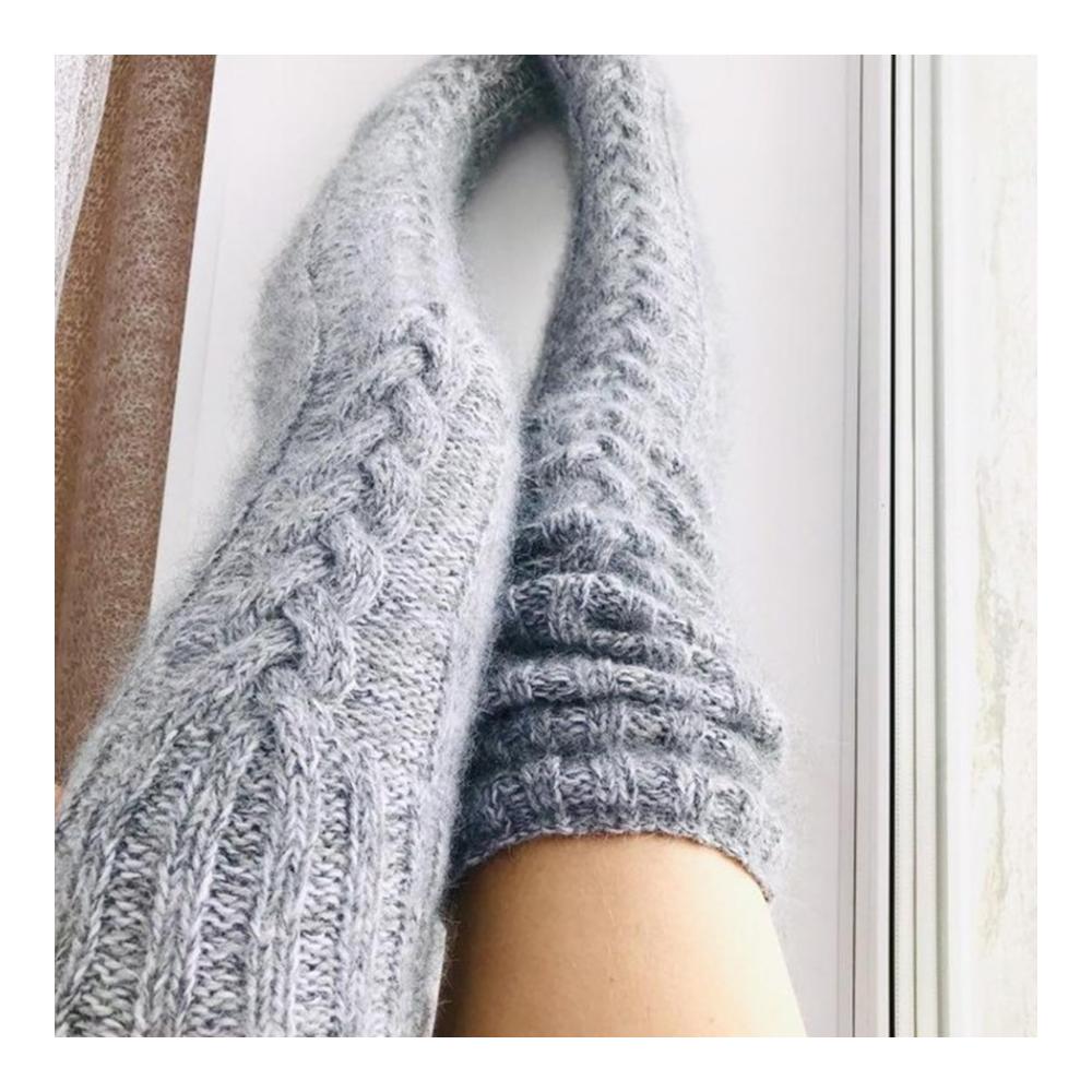 Langgestrickte Wolle Damen Kniestrümpfe - Über dem Knie 335 Zoll - Winter Hellgrau