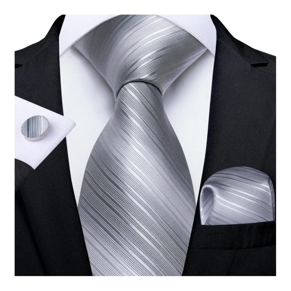 Herren Krawatten Set - Silber Blau Gestreiftes Design aus Seide mit Einstecktuch und Manschettenknopf für Business und Party