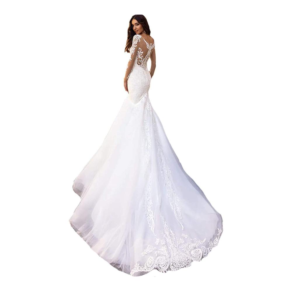2020 Illusion Langarm Beach Brautkleid - Handgemachte Meerjungfrau Spitze Tüll Brautkleider für Damen mit Train in Weiß