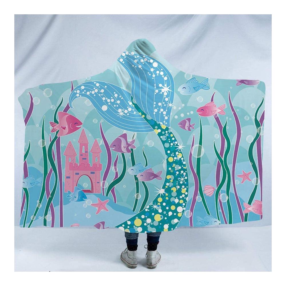 Blaue Fischschwanz-Druck Mikrofaser Kapuzenpullover Überwurfdecke - Weiche Flauschige Fleecedecke für Sofa und mehr