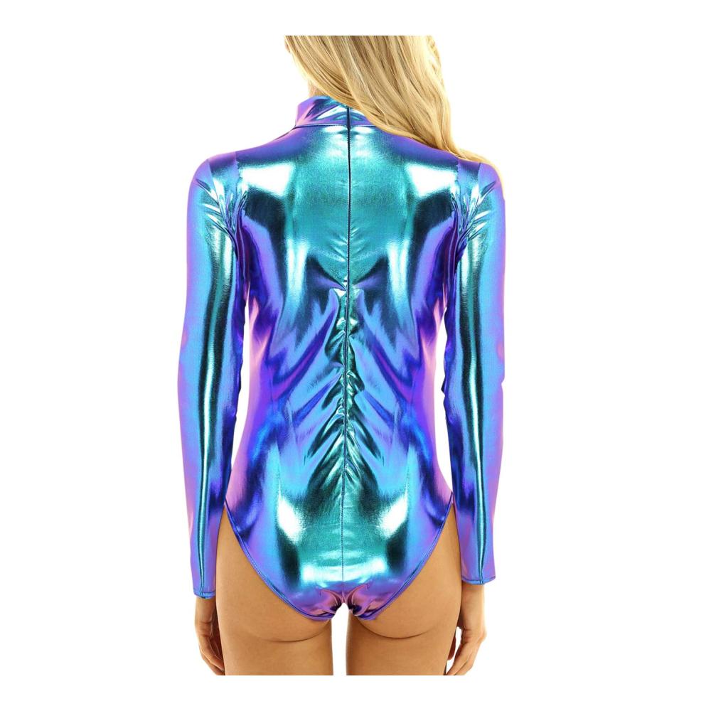 Glänzender Metallic-PVC Yoga Jumpsuit für Damen Langarm Stehkragen Bodysuit für Halloween & Fitness