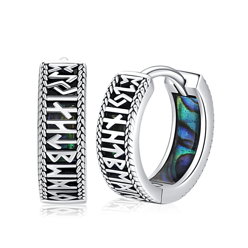 Sterling Silber 925 Unisex Creolen mit Viking Rune Design - Klappbare Herren Ohrringe in Schwarz Klein und Stilvoll für Frauen und Männer