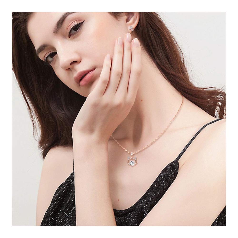 Damen-Schmuckset Roségoldene Kette mit Katzen-Anhänger Ohrstecker mit Zirkonia 925 Sterling Silber Geschenk für Frauen