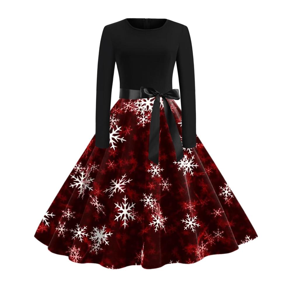 Elegantes Weihnachtskleid Damen - Festliches Maxikleid mit Langarm für Cocktailparty A-Linie Vintage Partykleid Weihnachtlich Bedruckt in Cocktailkleid Festliche Kleider Stil