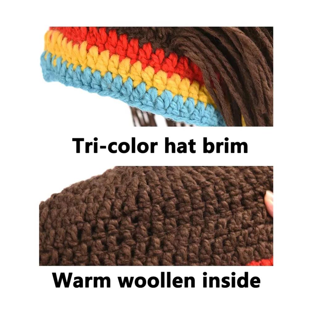 Herren Strickmütze mit Haaren - Handgefertigte Beanie-Mütze mit Dreadlocks für Weihnachten und Halloween in Braun