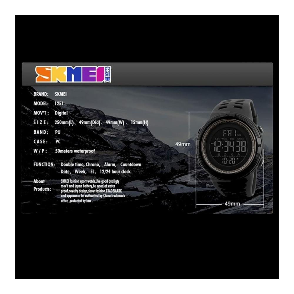 Digital-Armbanduhr für Herren Skmei DG1251 mit großem Display Kunstharz-Armband Stoppuhr und Alarm
