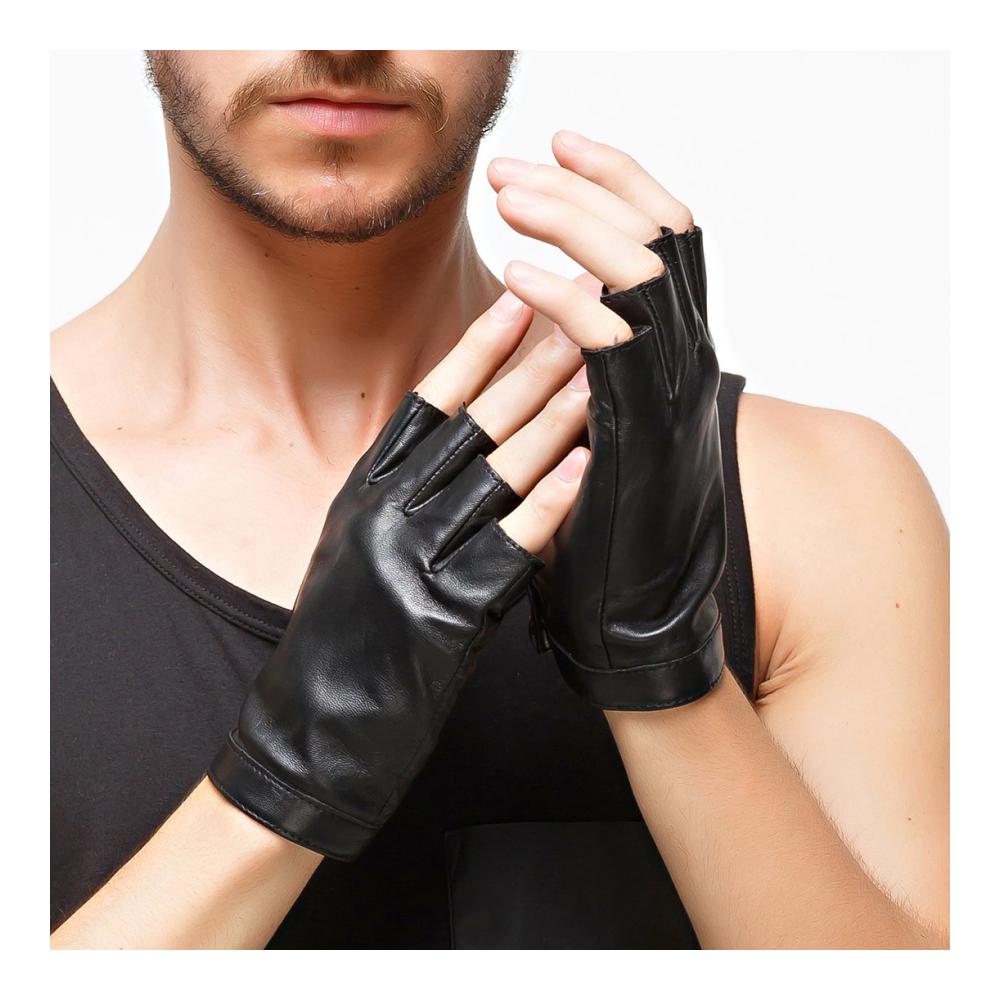 Herren Fingerlose Lederhandschuhe mit Lammfell | Seidenfutter | Halbfinger für Fahrten Radfahren und Outdoor-Aktivitäten
