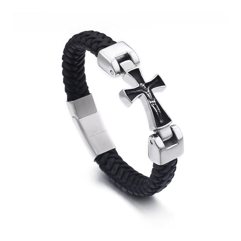 Herren Armband - Echtes Leder Kreuz Jesus Vintage Gothic Style Geflochten Silber 225 cm
