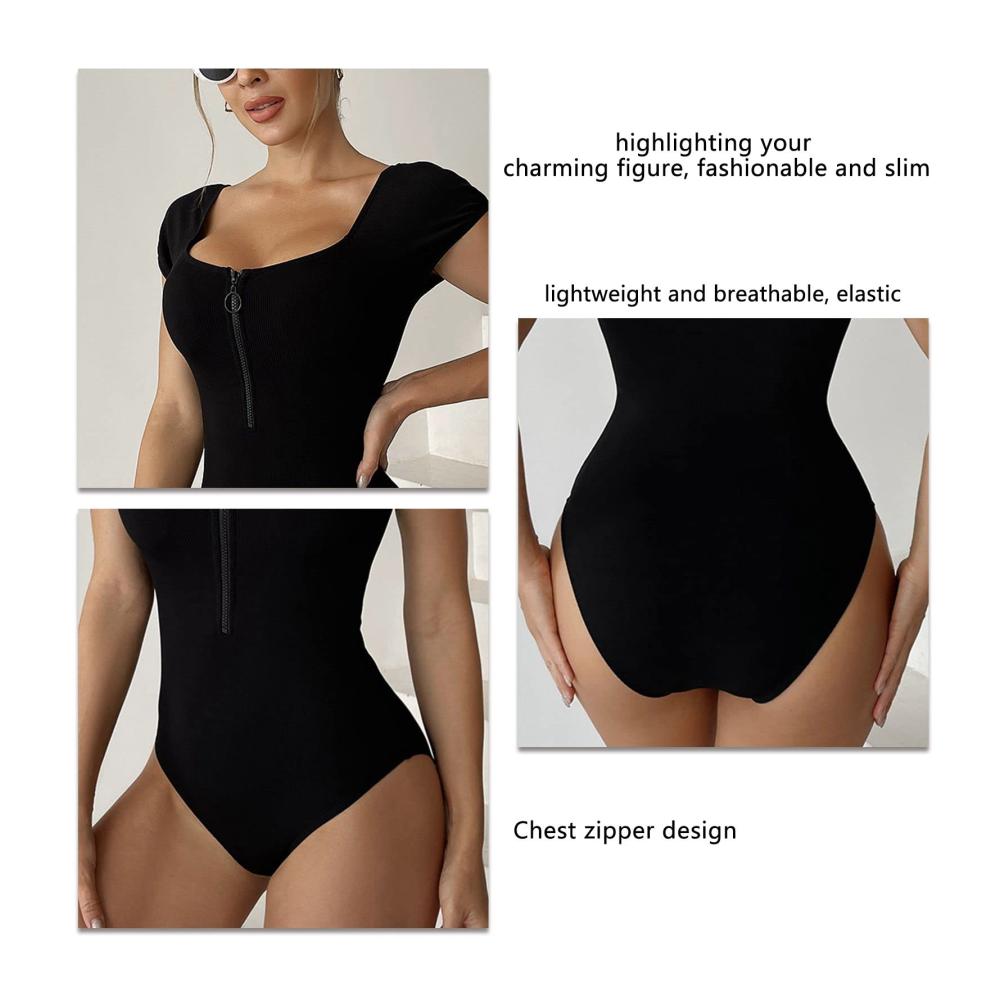 Badeanzug Damen Reißverschluss Kurzarm Schlanker Bikini für Strand und Pool - Modischer Einteiler in Einheitsfarbe