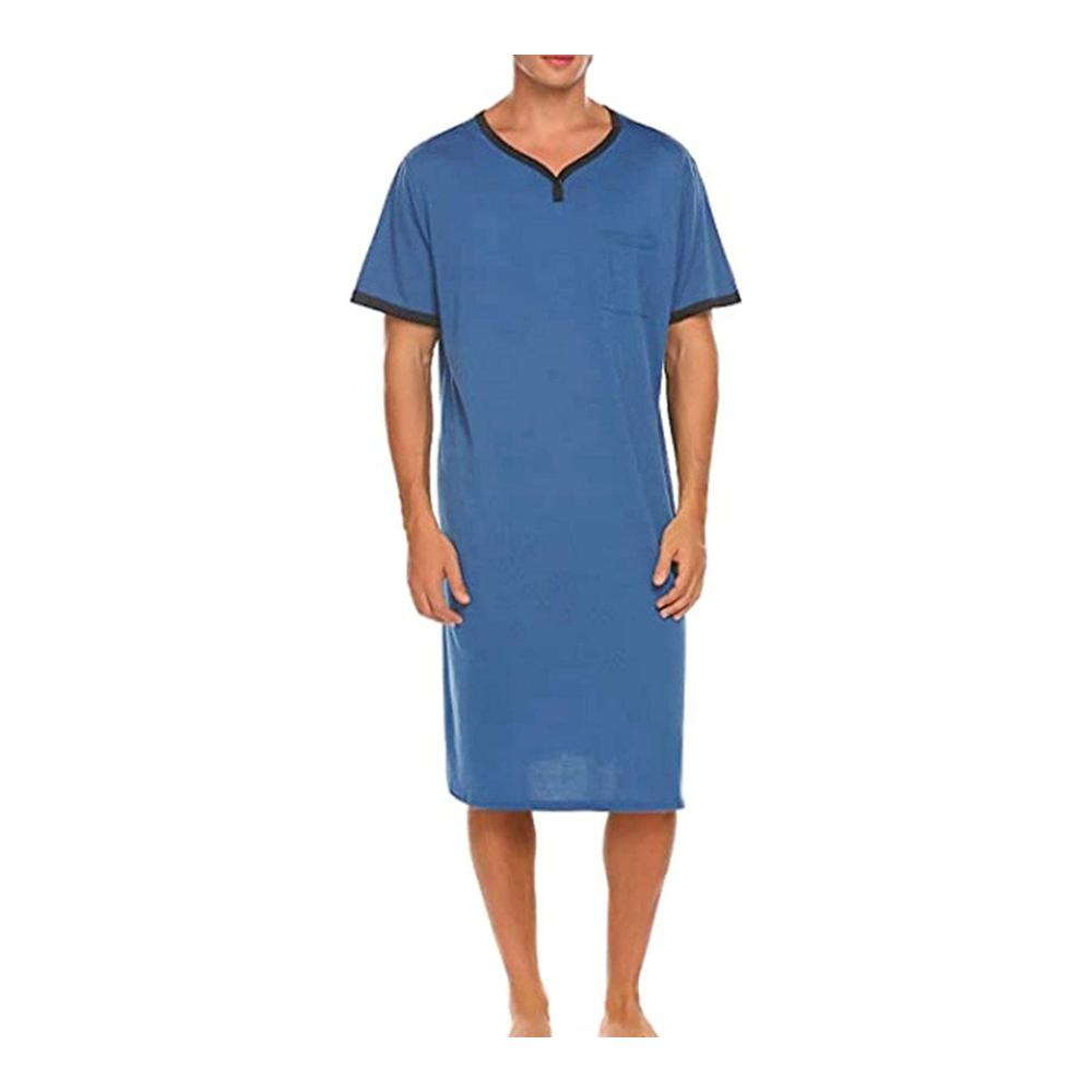 Herren Schlafanzug KANGNING Baumwoll Sleep Shirt Kurzarm V-Ausschnitt Bequemes Nachthemd in Blau - Größe XL