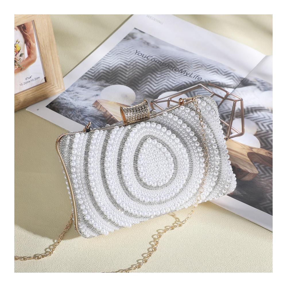 Damen Clutch Elegante Abendhandtasche mit Diamant- und Perlen-Finishs 2 Ketten – Ideal für Neujahrsball Hochzeit und Party