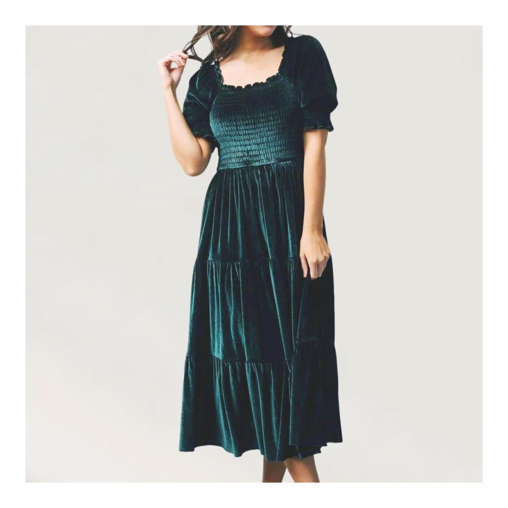 Damen Maxikleid mit quadratischem Ausschnitt und A-Linie elegantes gestuftes Herbst-Winter-Kleid hohe Taille schmale Passform