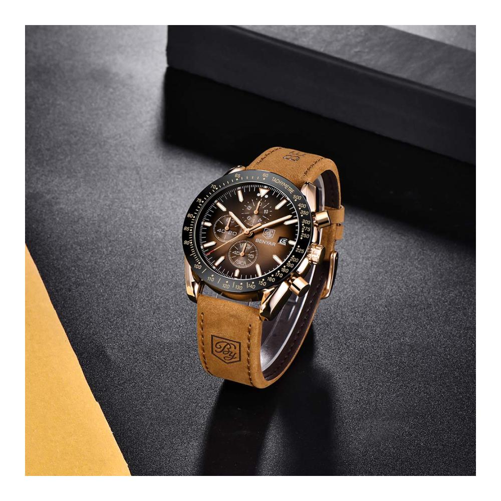BENYAR Herren Armbanduhr - Chronograph Quartz Wasserdicht Business Design Schwarz/Blau Zifferblatt Braunes Lederarmband