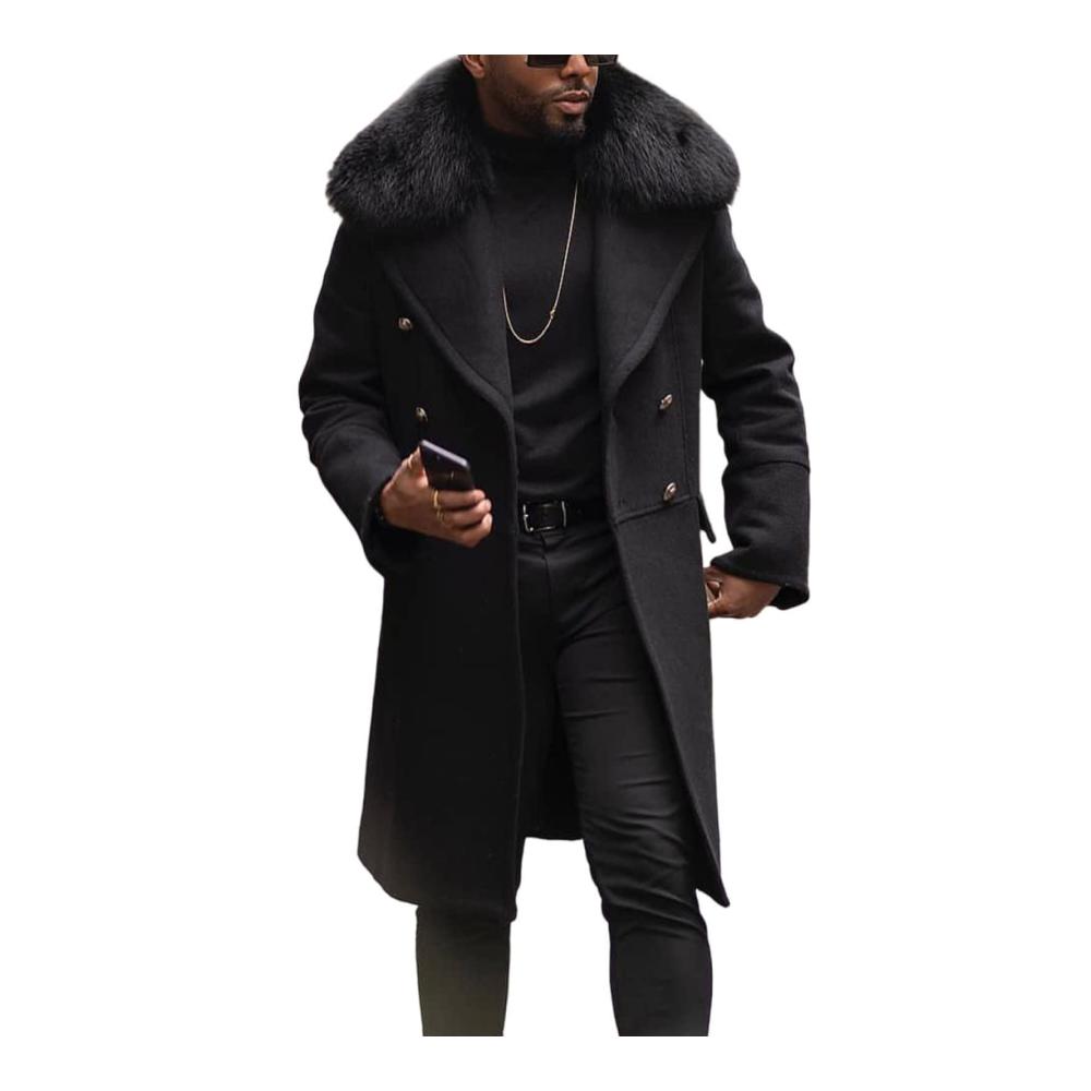 Herren Wintermantel Knielanger Business Mantel mit Pelzkragen - Windjacke aus erweiterter Wolle für Outdoor und Casual Style