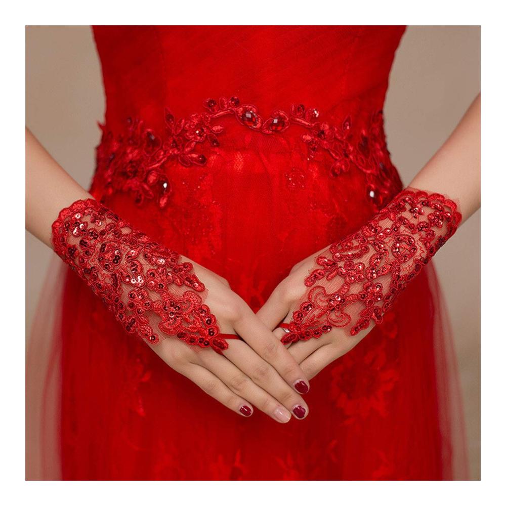 Hochzeitshandschuhe Elegante Perlen-Spitze Satin Fingerlos – Weiß & Elfenbein Brauthandschuhe 2021
