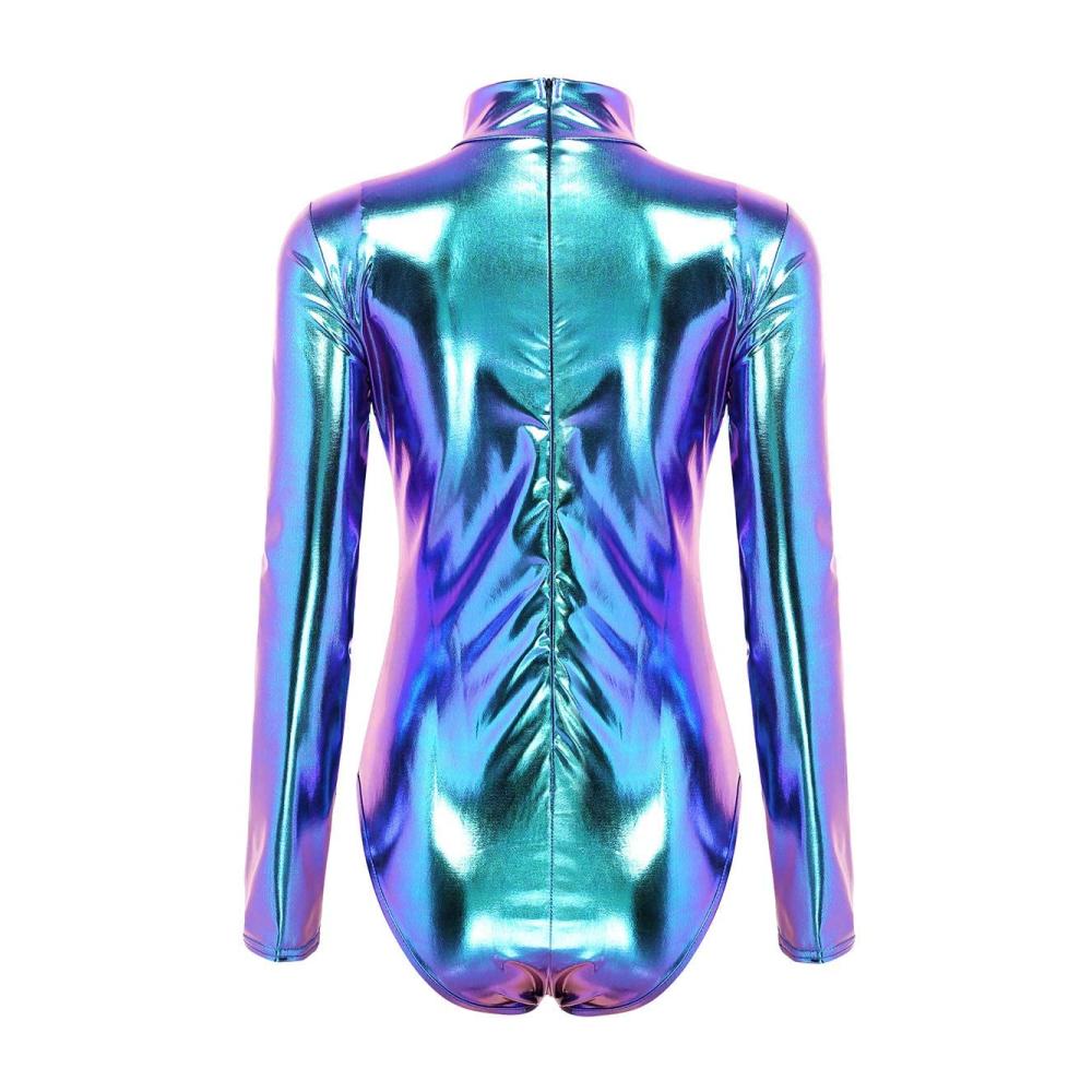 Glänzender Metallic-PVC Yoga Jumpsuit für Damen Langarm Stehkragen Bodysuit für Halloween & Fitness