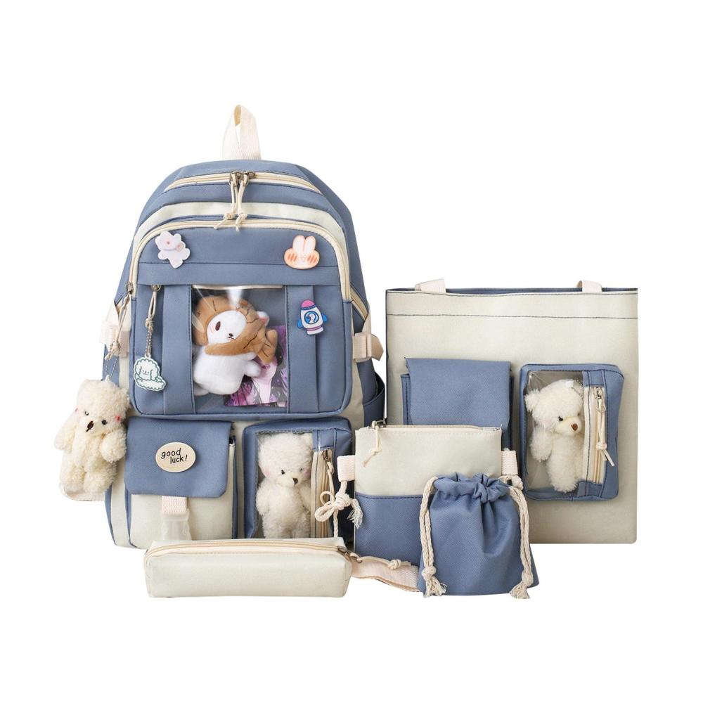 5-teiliges Rucksack-Set für Mädchen Niedliche Ästhetik mit 4 Anhängern 5 Pins und großer Kapazität - Idealer Tagesrucksack für Teenager-Mädchen