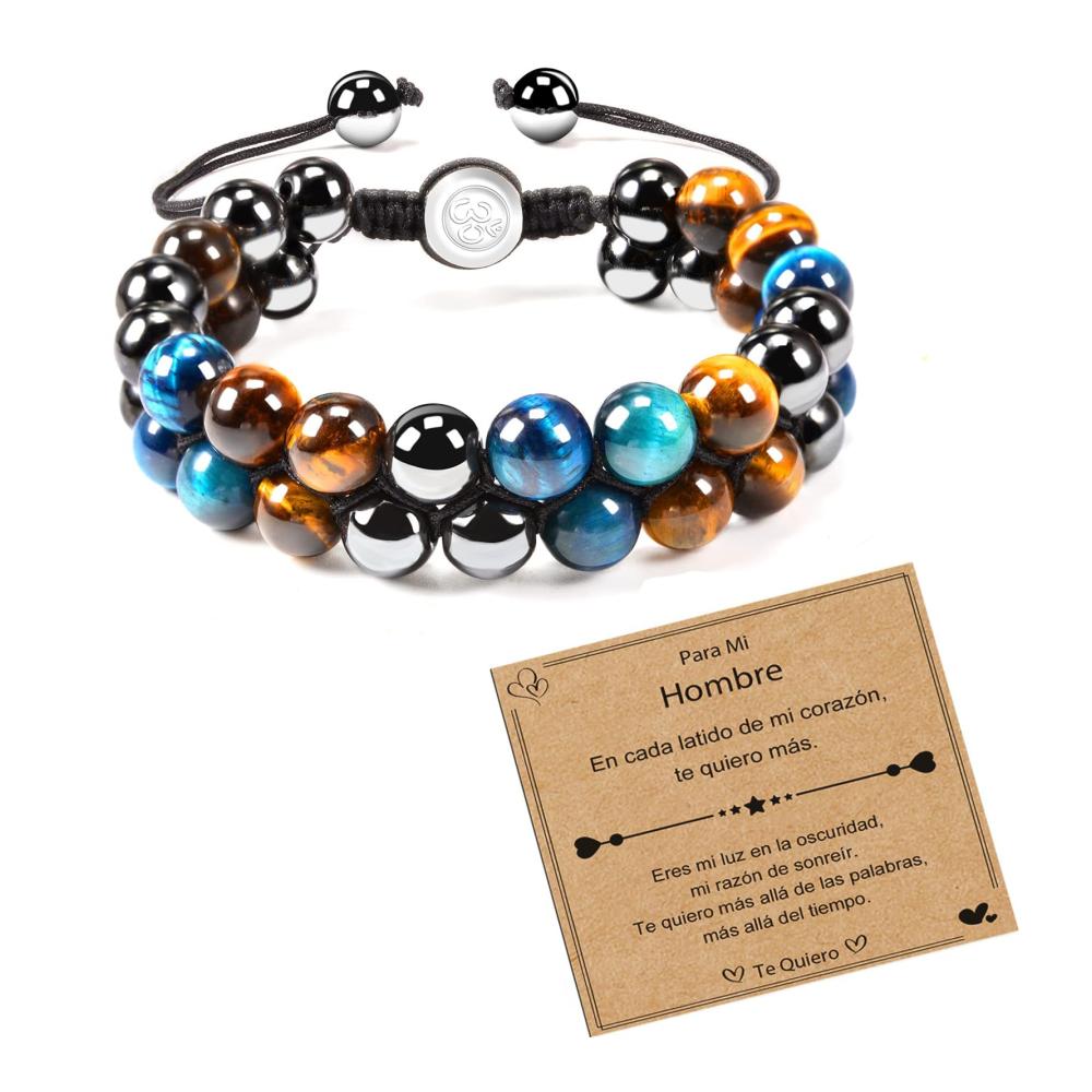 Herren Armband Exklusives Schwarz-Blau Tigerauge Hämatit Naturstein Perlenarmband - Ideales Weihnachtsgeschenk für Ehemann Freund Jahrestag