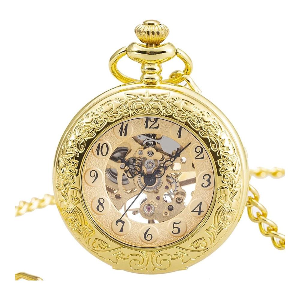 Exquisite Vintage-Taschenuhr für Herren und Damen mit dekorativem graviertem Gehäuse spezieller Lupe und goldenem Uhrwerk - Arabische Ziffern halber Jäger und inklusive Kette