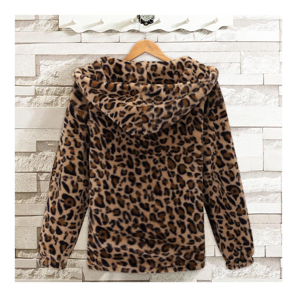 Leopard Fuzzy Fleece Damen Kapuzenjacke - Stilvolle Winterjacke mit Reißverschluss und Tasche