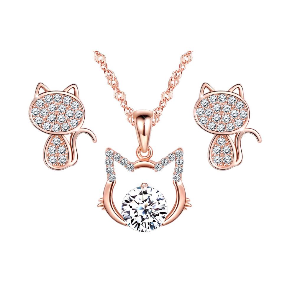Damen-Schmuckset Roségoldene Kette mit Katzen-Anhänger Ohrstecker mit Zirkonia 925 Sterling Silber Geschenk für Frauen