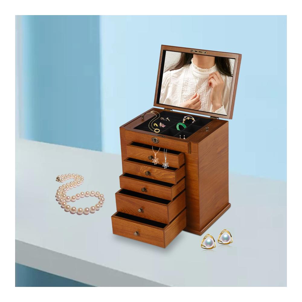 6-Etagen Schmuckkasten aus Holz mit Spiegel Samtauskleidung - Ringe Ohrringe Armbänder Halsketten - Schmuckaufbewahrungslösung