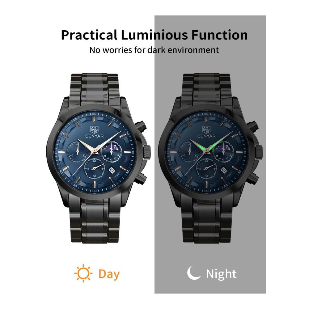 BENYAR Chronograph Herrenuhr - Stilvolle Armbanduhr mit Analogem Quarz Wasserdicht Leuchtendem Datum Business Design - Perfektes Geschenk für Männer mit Leder- oder Edelstahlarmband