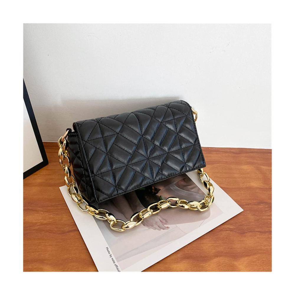 Schultertaschen 2023 Trendige Karomuster Umhängetasche mit Dicker Kette - Damen Handtasche in Schwarz (23x14x6cm