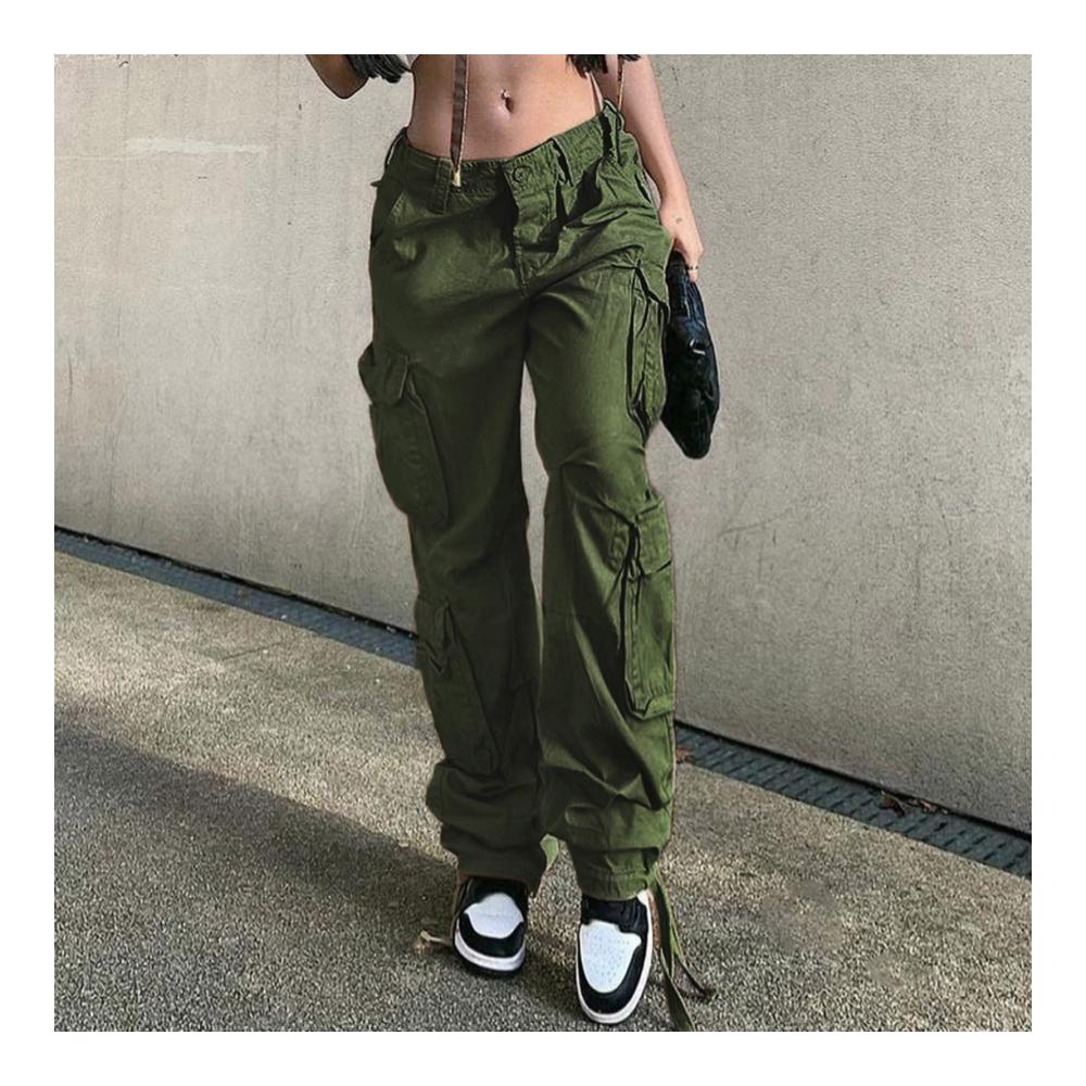 Damen Cargo Jeans Y2K Grüne Low-Rise Baggy Jeans mit Taschen - Trendige Vintage Streetwear