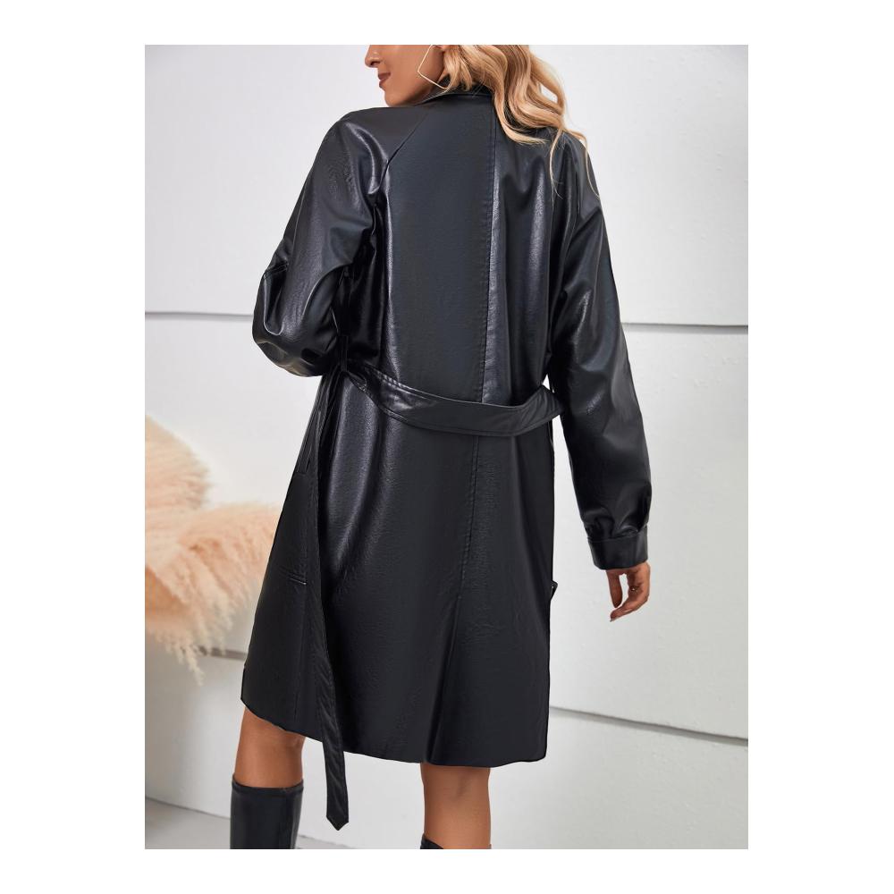 Trenchcoat Damen Eleganter PU-Lederjacke in Schwarz Mittellang mit Schnürrevers