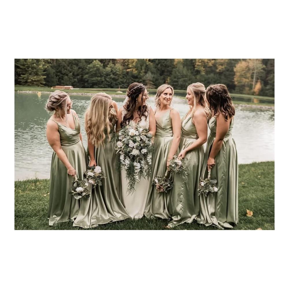 Abendkleider Damen V-Ausschnitt mit Spaghettiträgern | Elegante Satin Brautjungfernkleider für formelle Anlässe mit Schlitz