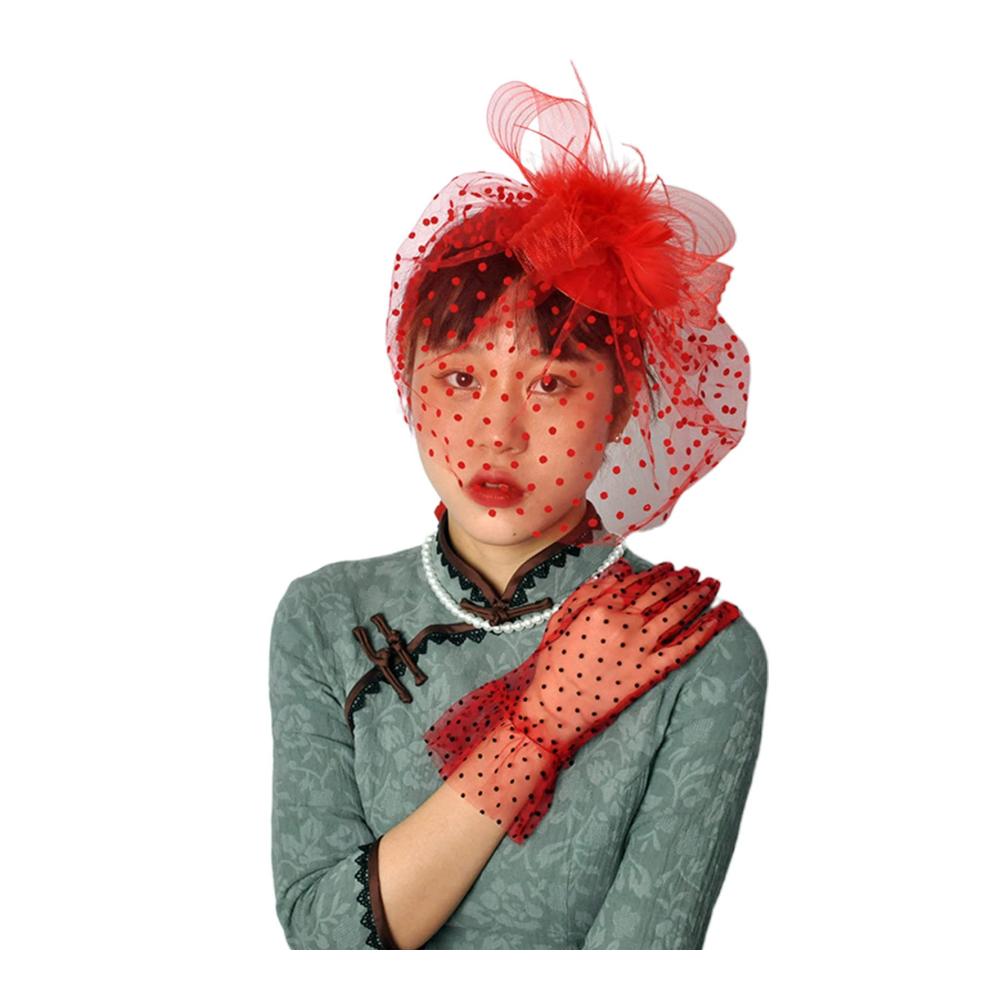 Faszinierende Damen Kopftücher im 2/4er Set – Federn Netzbänder und stilvolle Fedoras für Cocktail Tea Party & mehr. Inklusive eleganter Netzhandschuhe in voller Länge für Damen in Schwarz Weiß und Rot