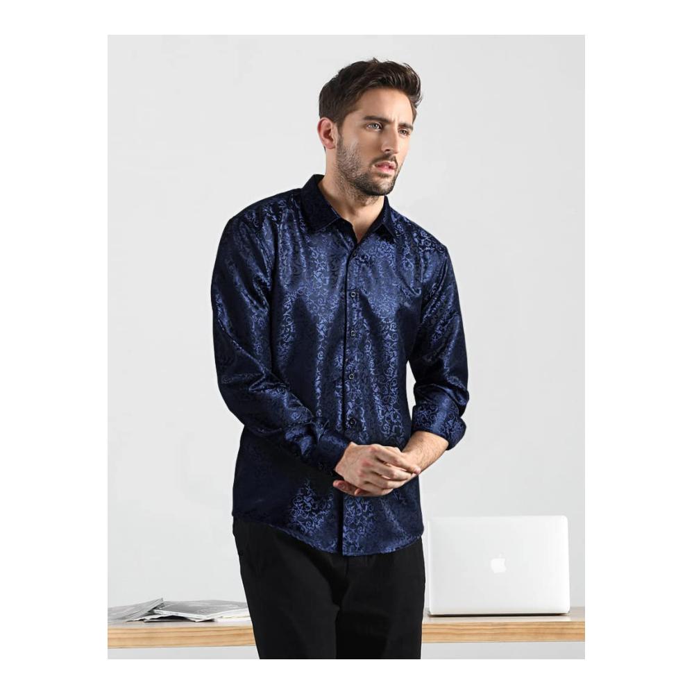 Herren Freizeithemd Langarm Navy blau Satin mit Blumenmuster Seide Regular Fit & Button-Down