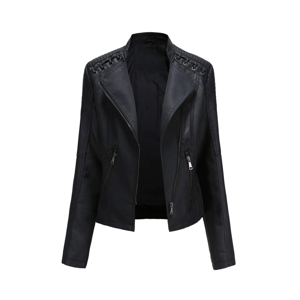 Lederjacke Damen Bikerjacke kurz mit Reverskragen für Frühling Herbst - Motorradtaugliche Übergangsjacke