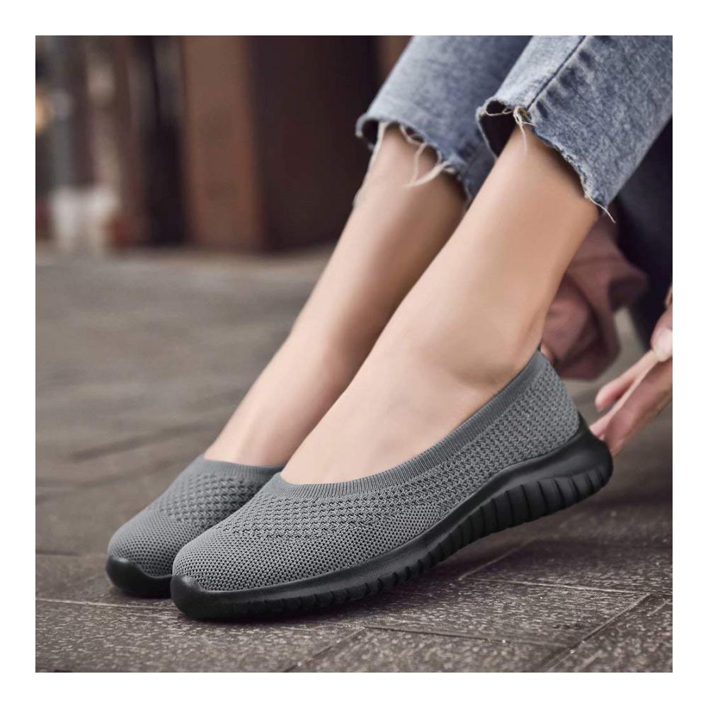 Damen Sneaker Flache Schuhe - Atmungsaktive Slip-On Ballerinas Bequeme Freizeitschuhe Walking Loafer in Dunkelgrau/Schwarz - Größe EU 39